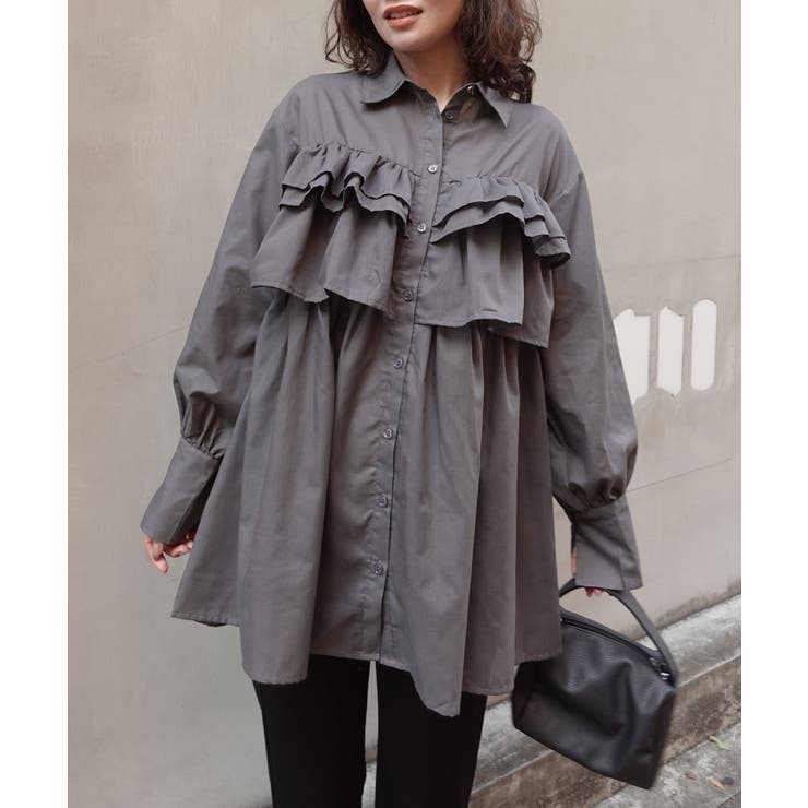 チャコールグレー | ブロードフリルチュニックブラウス | CORNERS 