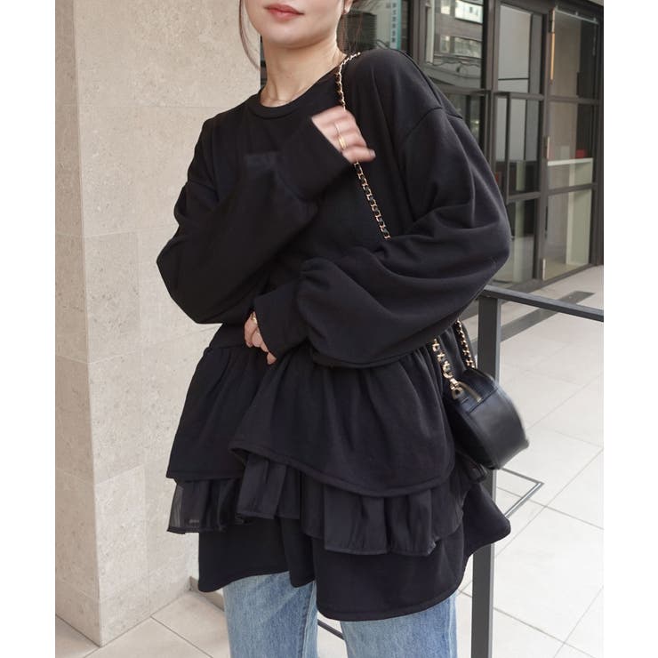 ブラック | 裏毛ティアードペプラムトップス | CORNERS 