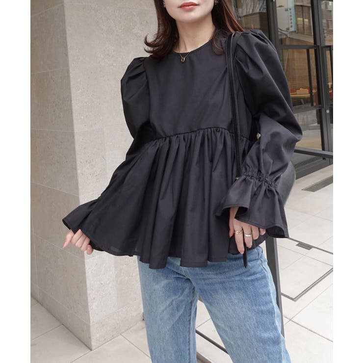 ブラック | ブロードペプラムギャザーブラウス | CORNERS 