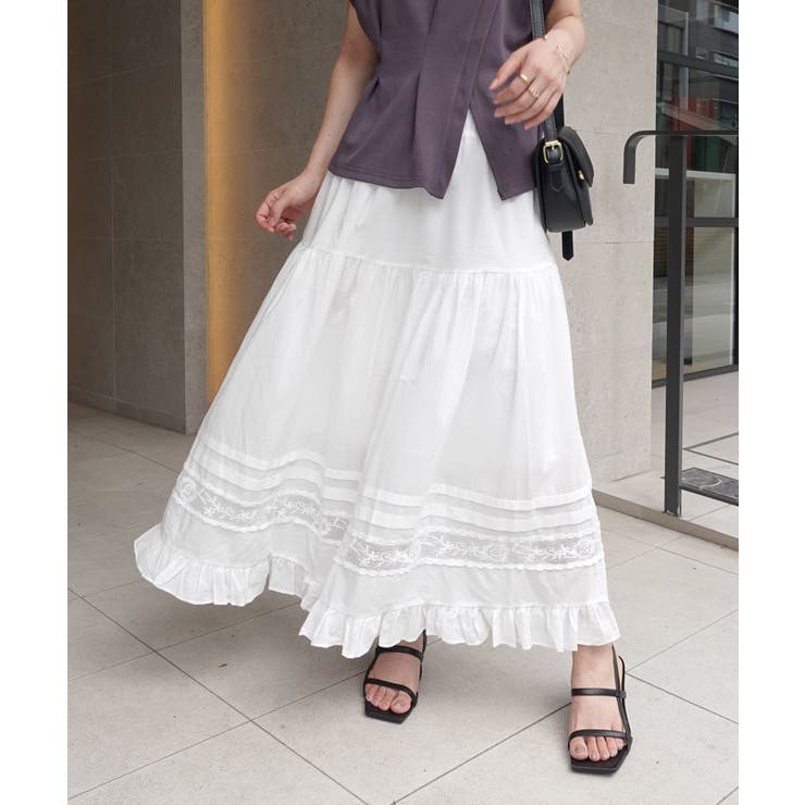 ホワイト | コットンレース切替ティアードスカート | CORNERS 