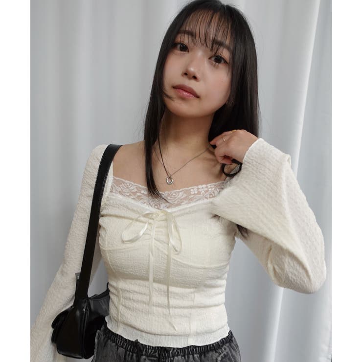 アイボリー | フロントリボンレーススリムトップス | CORNERS 
