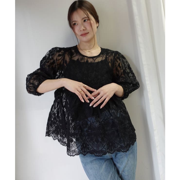 ブラック | ペプラムオーガンジーレースブラウス(インナー付き) | CORNERS 