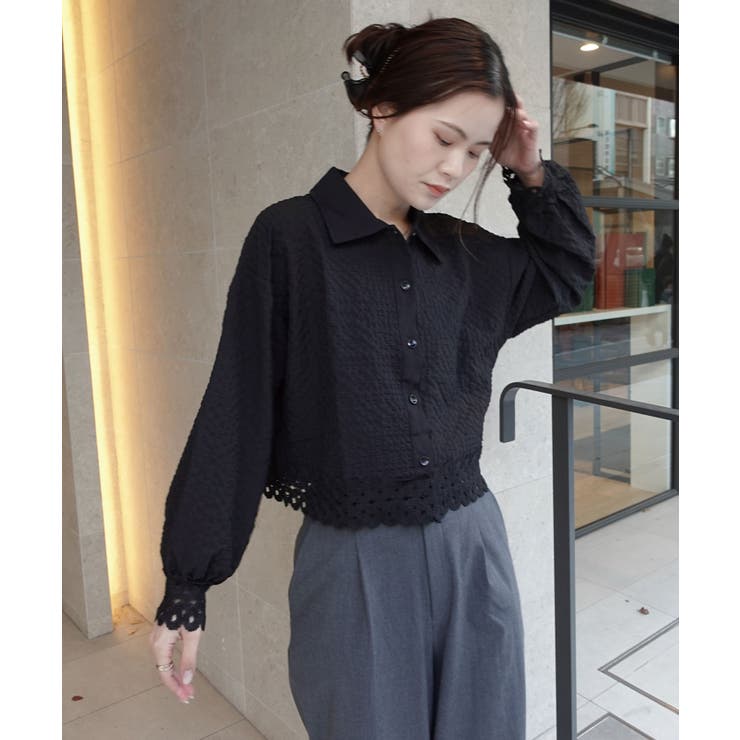 ブラック | クロップド裾レースシャツ | CORNERS 