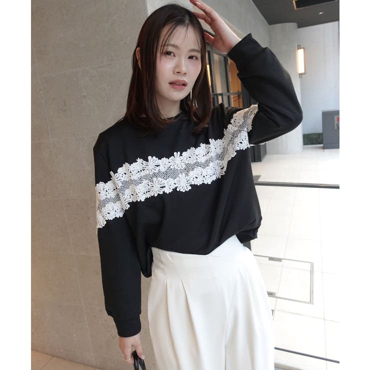 ブラック | レース切り替えスウェットトップス | CORNERS 