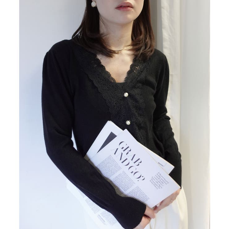 パールボタンVネックレース切り替えニット | CORNERS  | 詳細画像3 