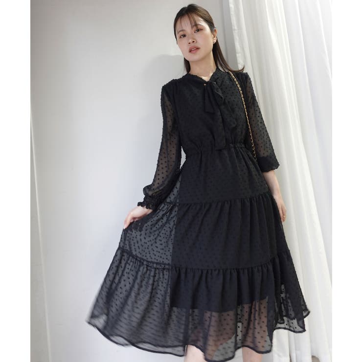 ブラック | ドビーシフォンリボンティアードワンピース | CORNERS 