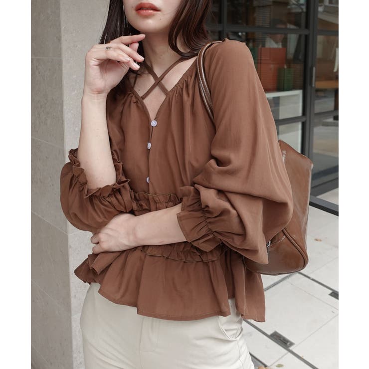 ブラウン | コットンフリルリボンブラウス | CORNERS 