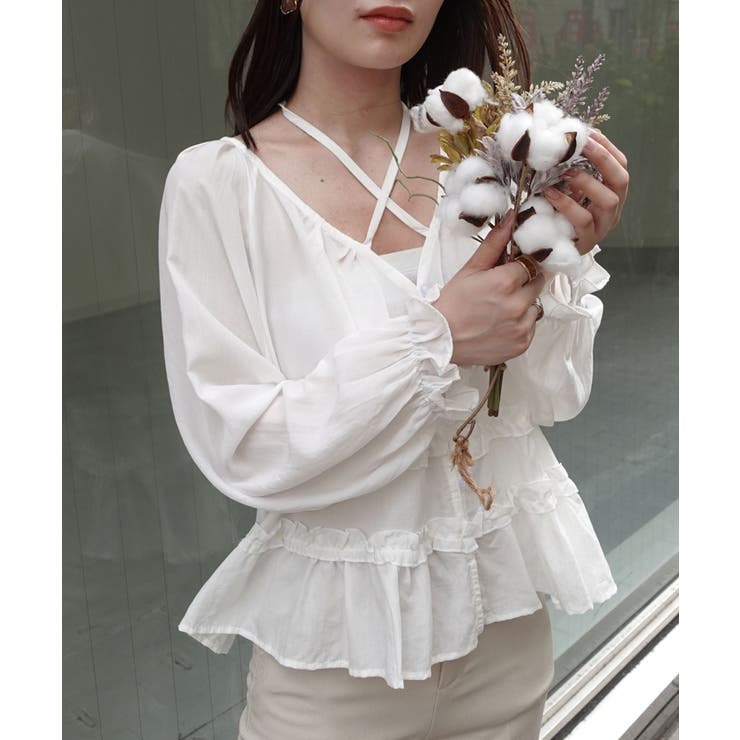 ホワイト | コットンフリルリボンブラウス | CORNERS 