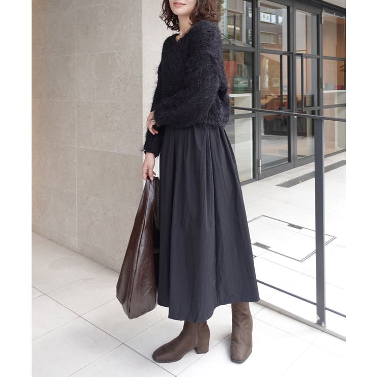 ブラック | フェザーヤーンニット×フレアーワンピースセット | CORNERS 