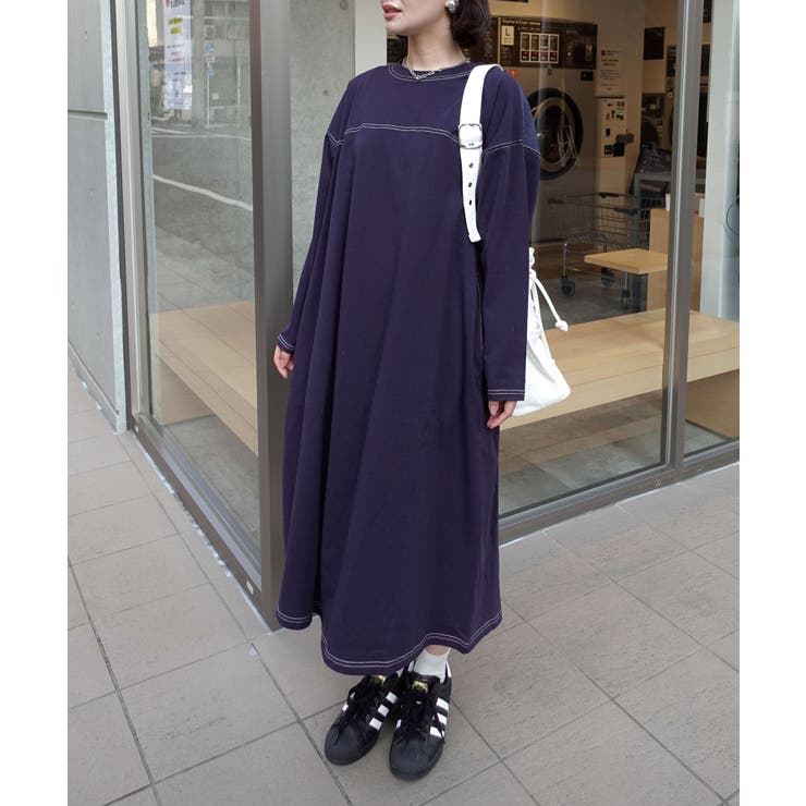 配色ステッチオーバーサイズ長袖Tシャツワンピース[品番：TRIW0004045