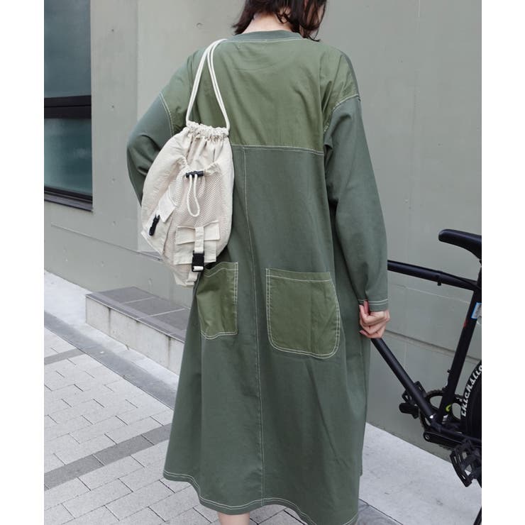 配色ステッチオーバーサイズ長袖Tシャツワンピース[品番：TRIW0004045