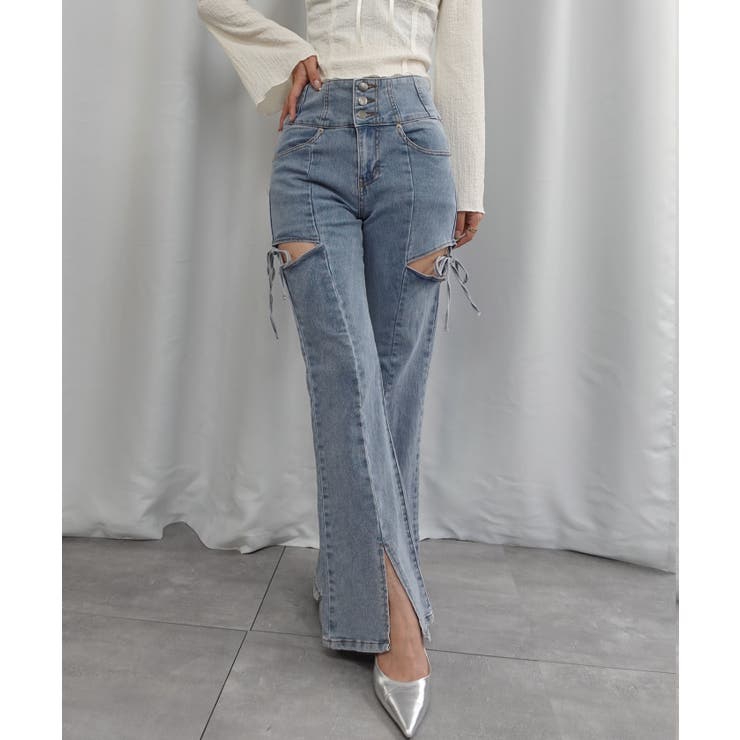 ライトブルー | ハイウエストカットアウトリボンデニムパンツ | CORNERS 