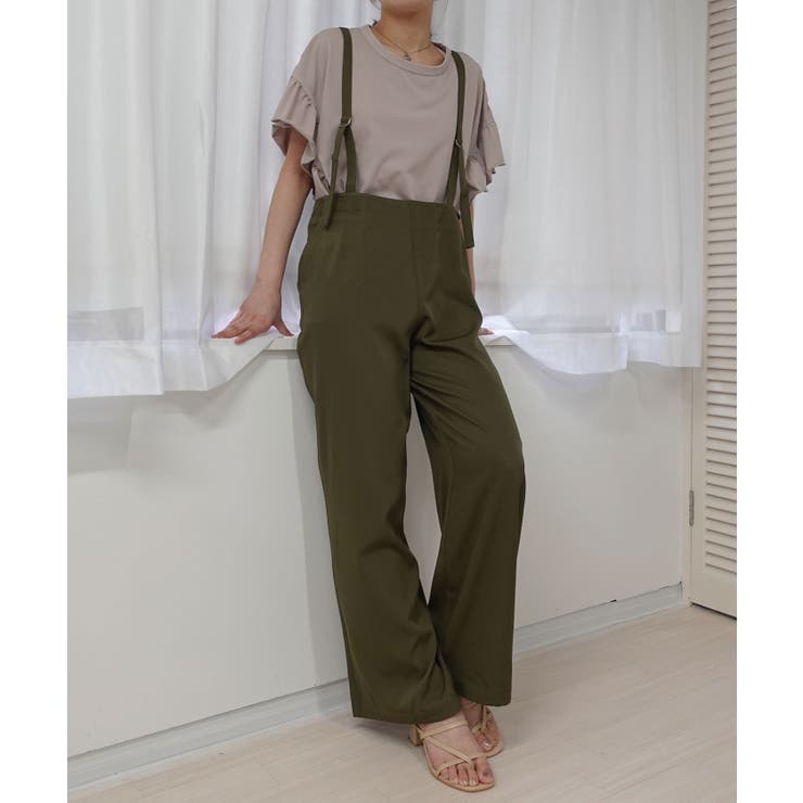 カーキA(とろみ素材) | アソートサスペンダー付きストレートパンツ サロペット オーバーオール | CORNERS 