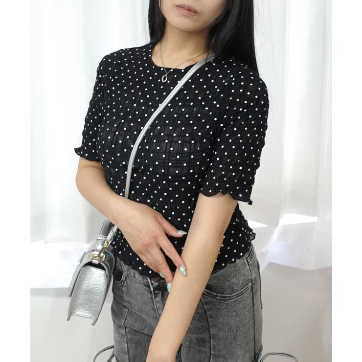 ブラック | レースドット柄シャーリングTシャツ | CORNERS 