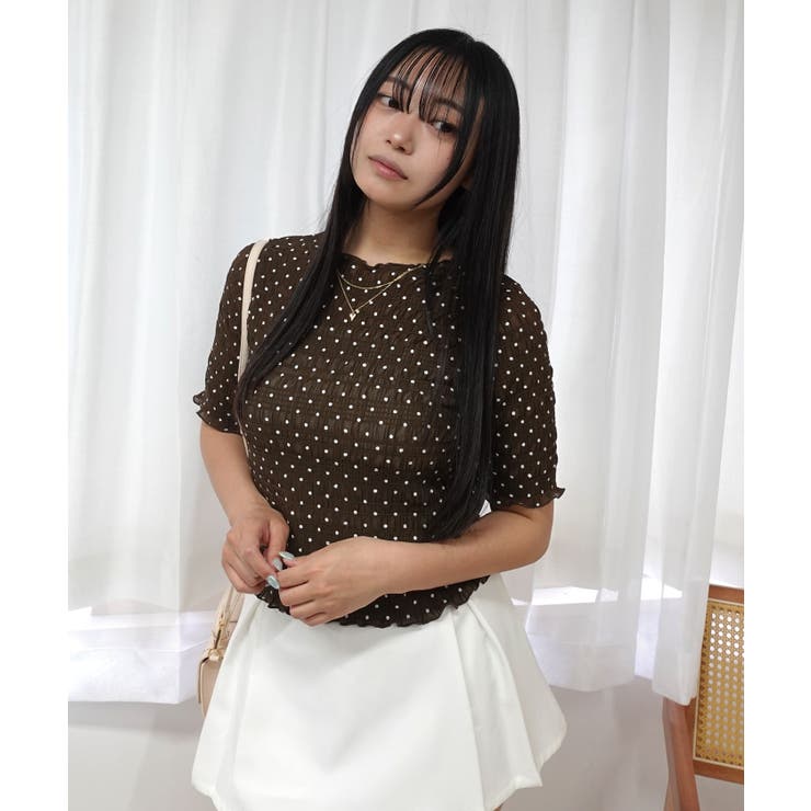 ブラウン | レースドット柄シャーリングTシャツ | CORNERS 