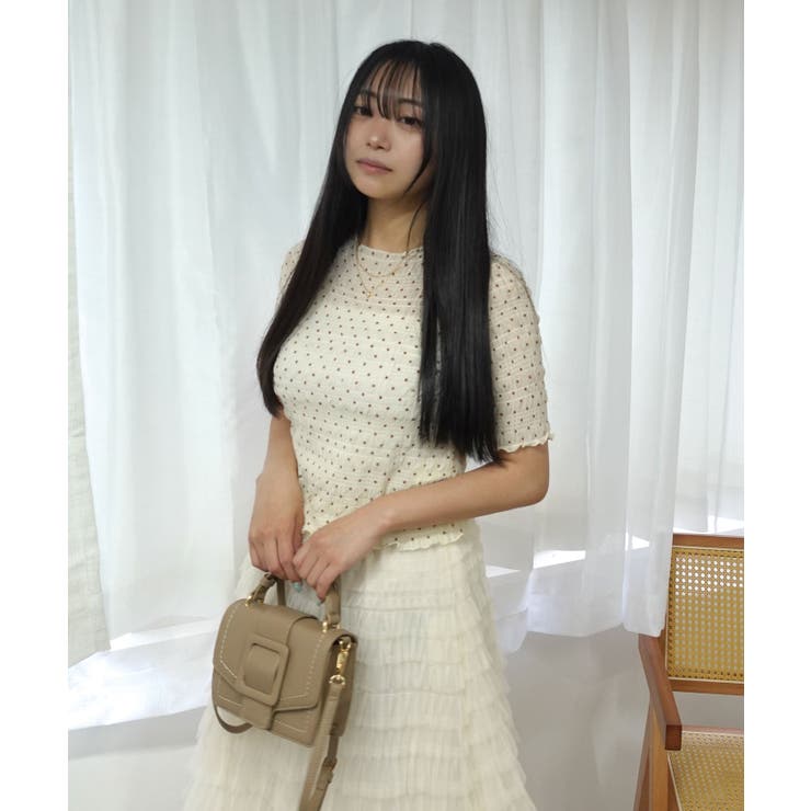 ライトベージュ | レースドット柄シャーリングTシャツ | CORNERS 
