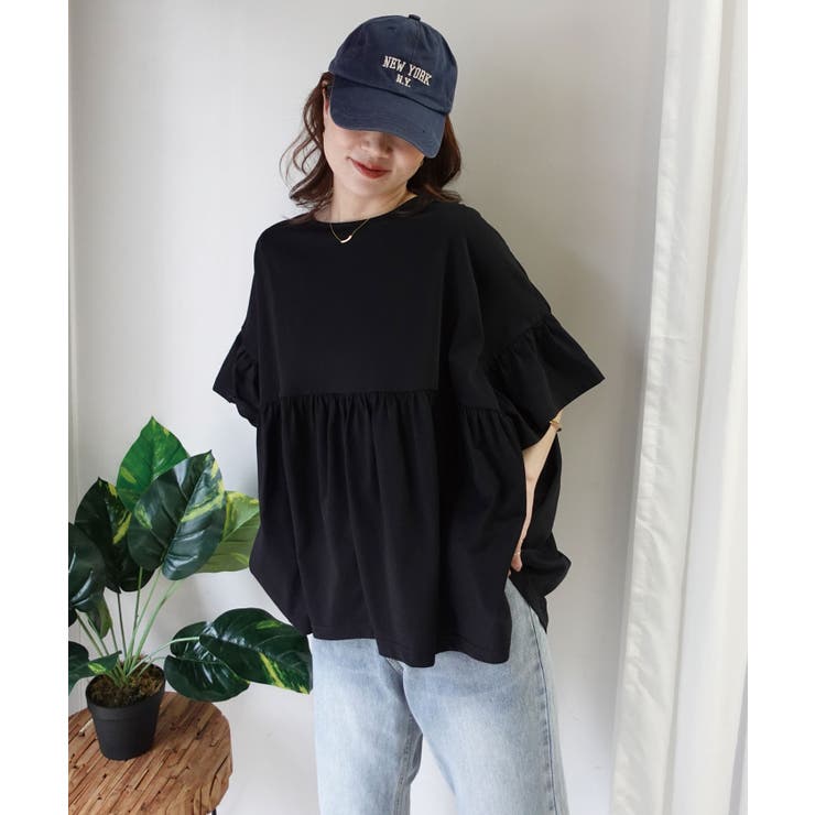 ブラック | ワイドフリルペプラムTシャツ【接触冷感】 | CORNERS 