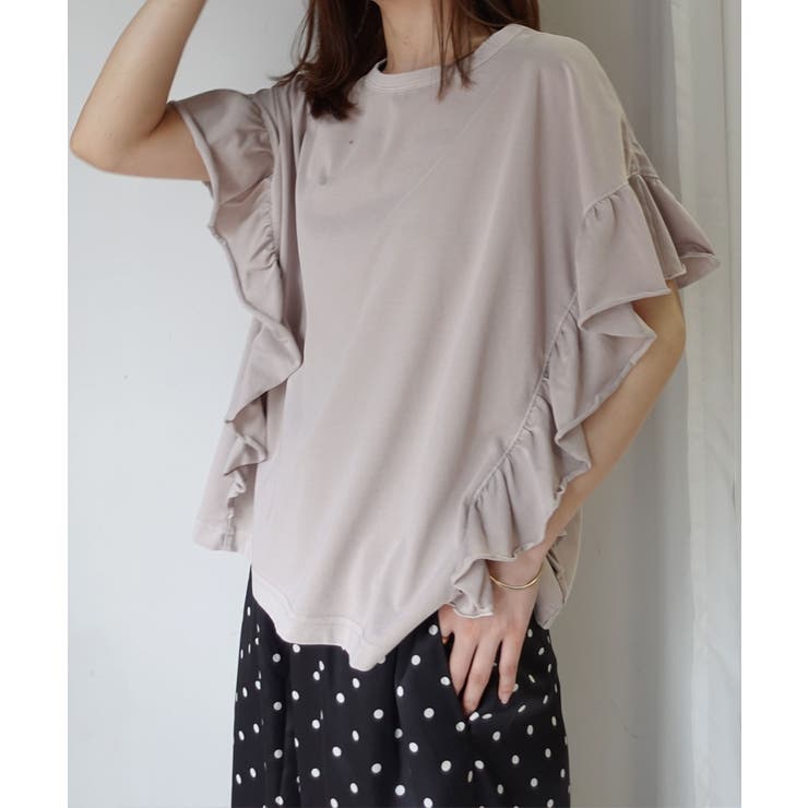 グレージュ | ドライタッチピグメント加工ラッフルスリーブTシャツ | CORNERS 
