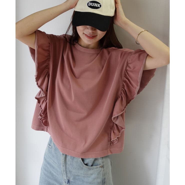ピンク | ドライタッチピグメント加工ラッフルスリーブTシャツ | CORNERS 