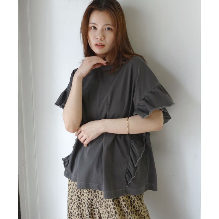 チャコール | ドライタッチピグメント加工ラッフルスリーブTシャツ | CORNERS 