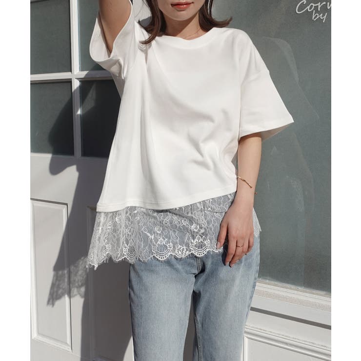 ホワイト | 裾レースアシメTシャツ | CORNERS 