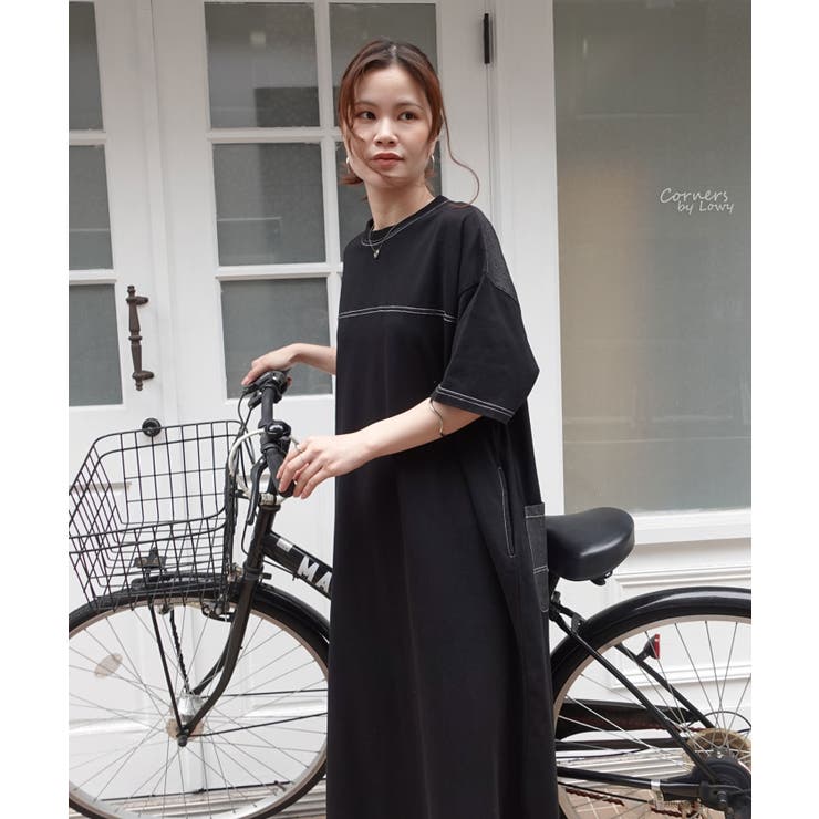配色ステッチオーバーサイズ半袖Tシャツワンピース | CORNERS  | 詳細画像4 