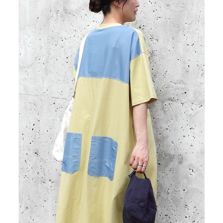 イエロー | 配色ステッチオーバーサイズ半袖Tシャツワンピース | CORNERS 