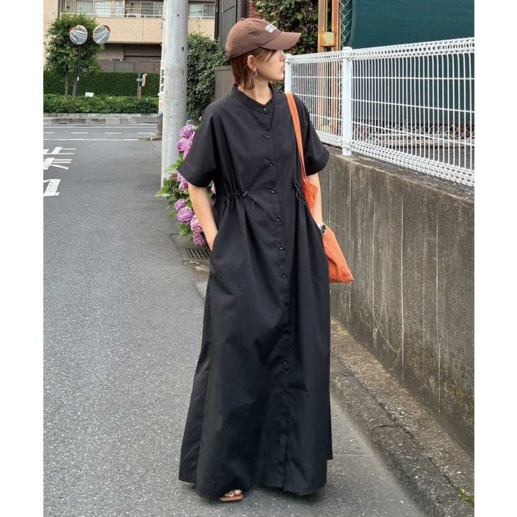 ブラック シャツワンピース ロング丈 ドローストリング　y's CORNERS by KR】ドローストリングシャツワンピース[品番：TRIW0004457