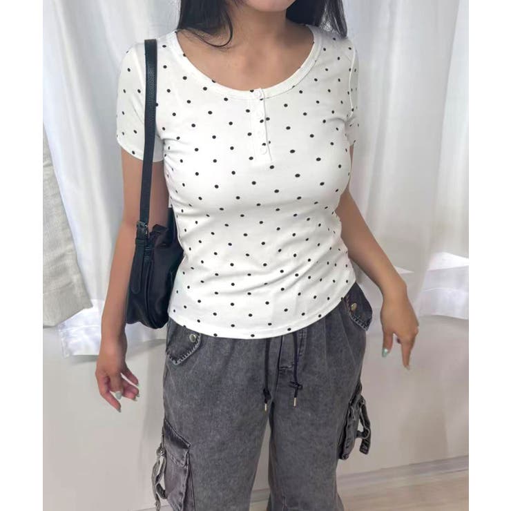 ホワイト | ドット柄ヘンリーネックTシャツ | CORNERS 
