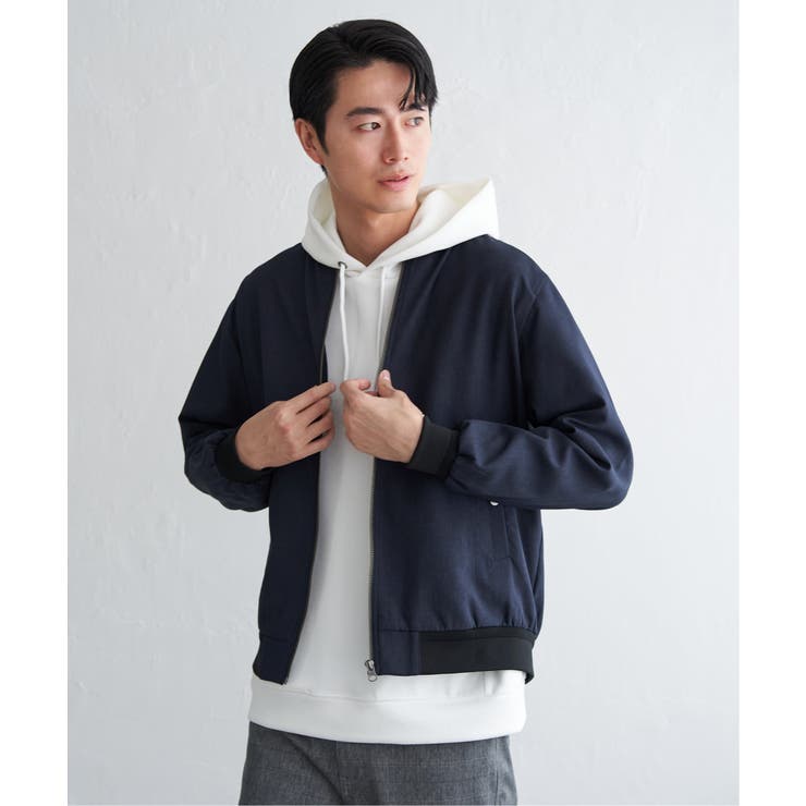 ネイビーブルー | 撥水メランジリブブルゾン | ikka 