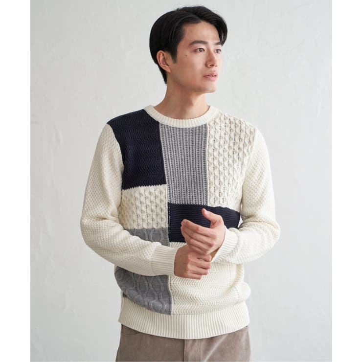 オフホワイト | ブロックスクルーネックニット | ikka 