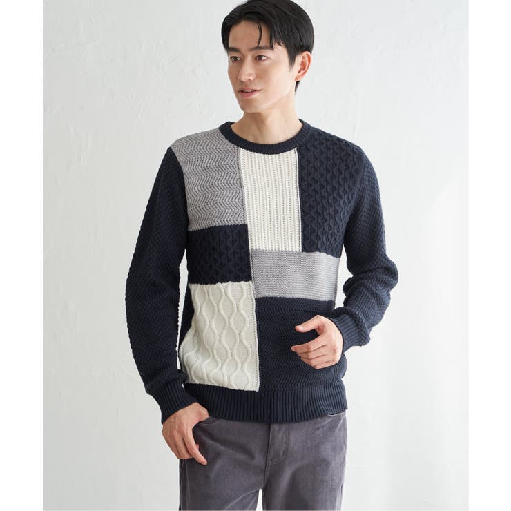 ネイビーブルー | ブロックスクルーネックニット | ikka 