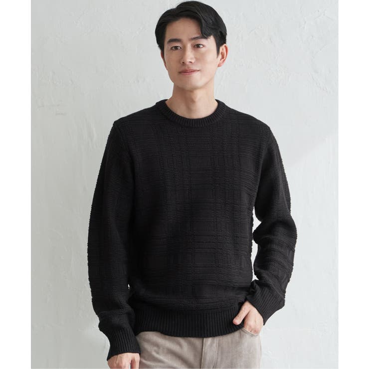 ブラック | 【洗濯機で洗える】ジャカードチェックニット | ikka 