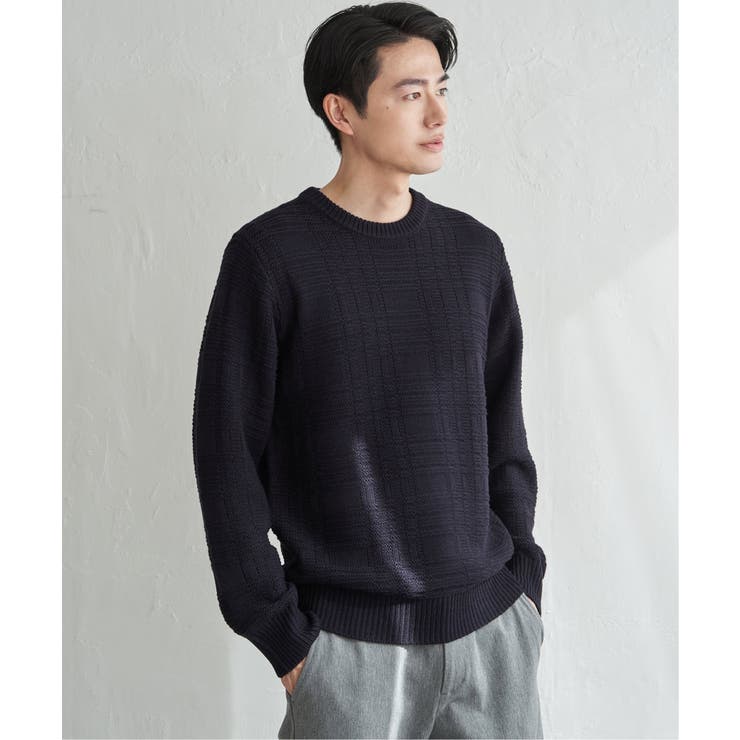 ネイビーブルー | 【洗濯機で洗える】ジャカードチェックニット | ikka 