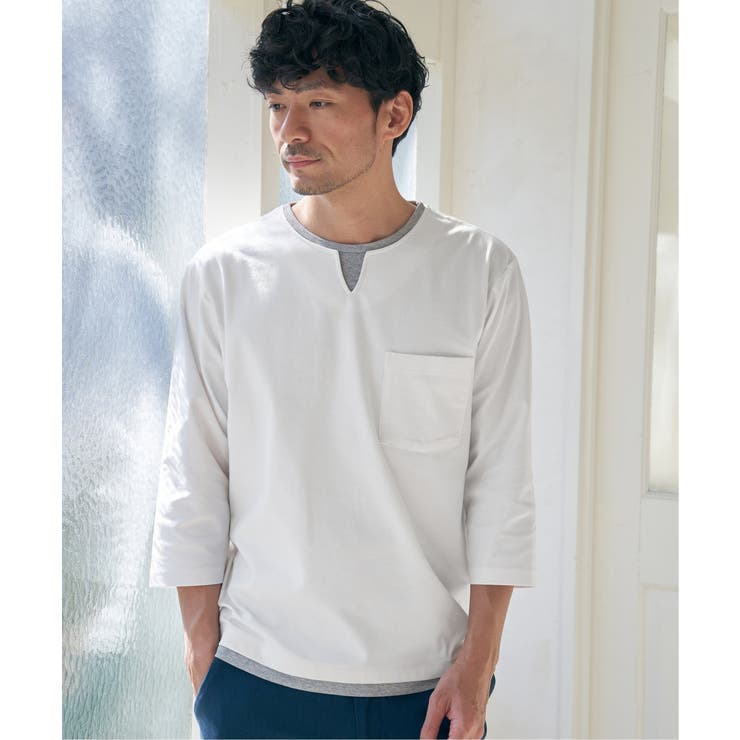 ホワイト | 【接触冷感／抗菌防臭】GOKU楽セイケツ7分袖キーネックTシャツ | ikka 