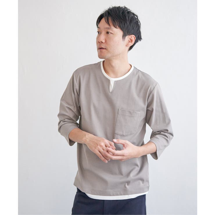 グレー | 【接触冷感／抗菌防臭】GOKU楽セイケツ7分袖キーネックTシャツ | ikka 