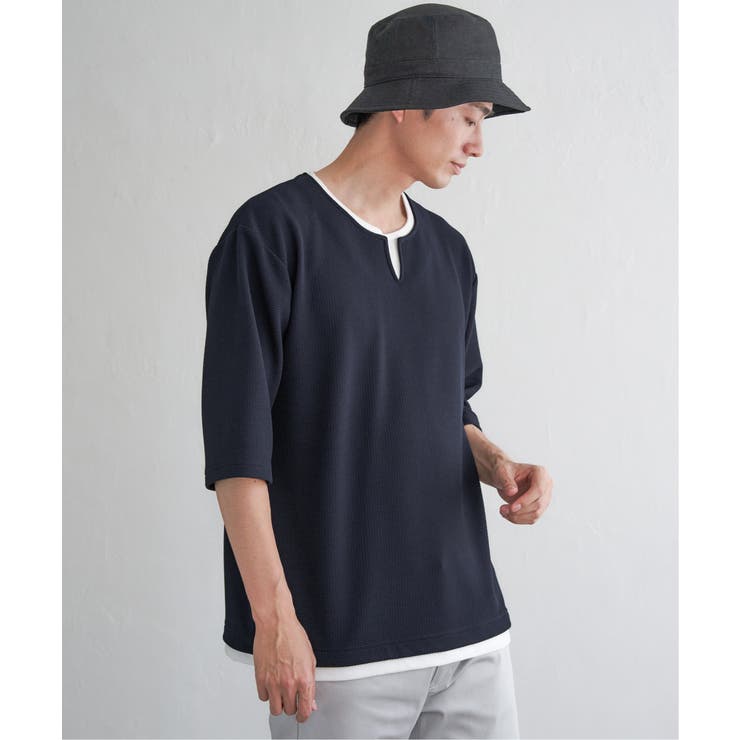 ネイビーブルー | 【親子コーデ】キーネックレイヤード7分袖Tシャツ | ikka 