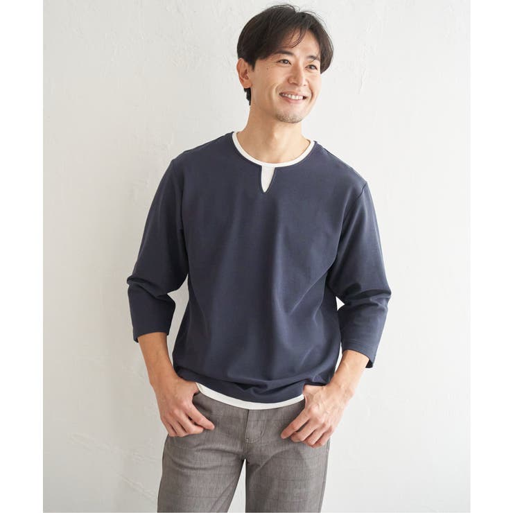 ネイビーブルー | 【抗菌防臭】GOKU楽冷感7分袖キーネック | ikka 