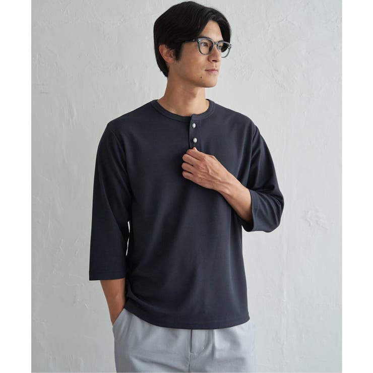 ネイビーブルー | 【吸水速乾】ドライサーマルヘンリーネック7分袖Tシャツ | ikka 