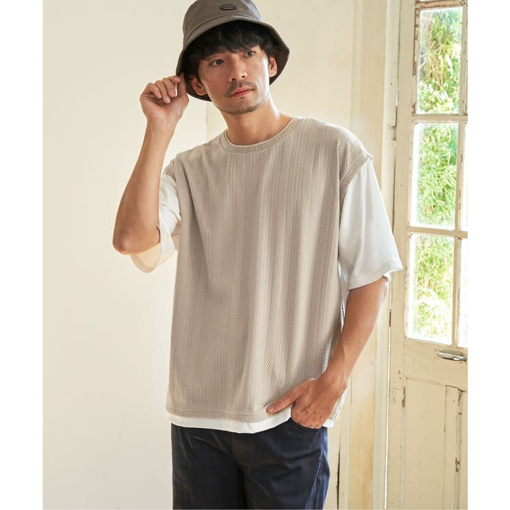 ベージュ | 5分袖フェイクベストTシャツ | ikka