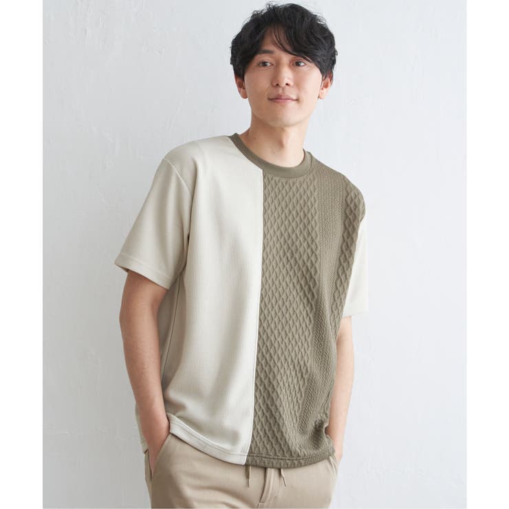 オリーブ | フクレジャガードワッフル切り替えTシャツ | ikka 