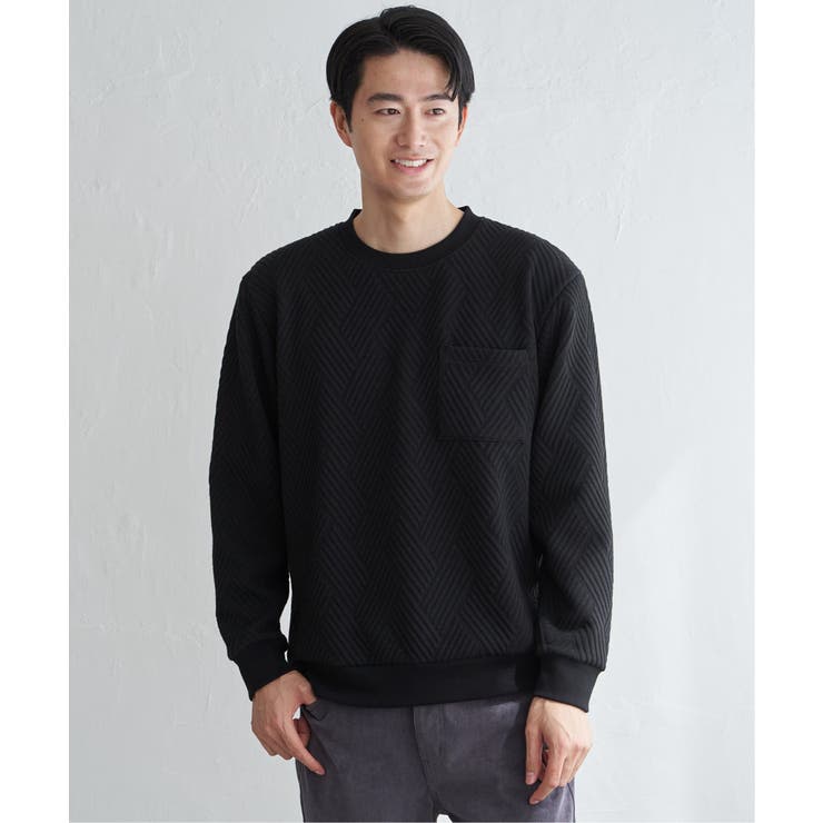 ブラック | フクレジャカードポケット付きクルーネックプルオーバー | ikka 