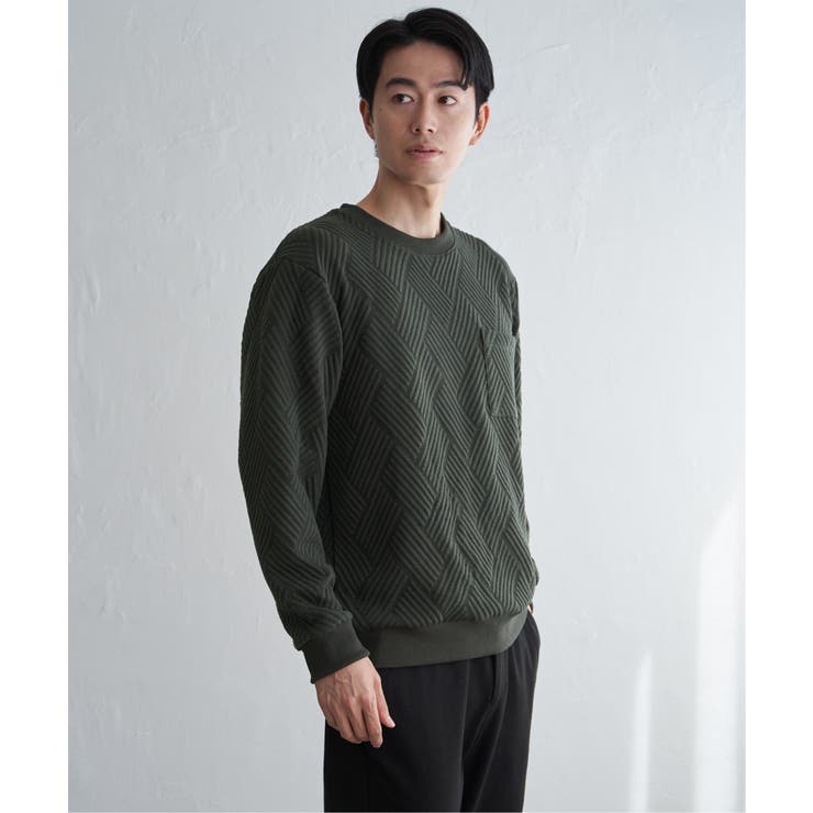 カーキ | フクレジャカードポケット付きクルーネックプルオーバー | ikka 