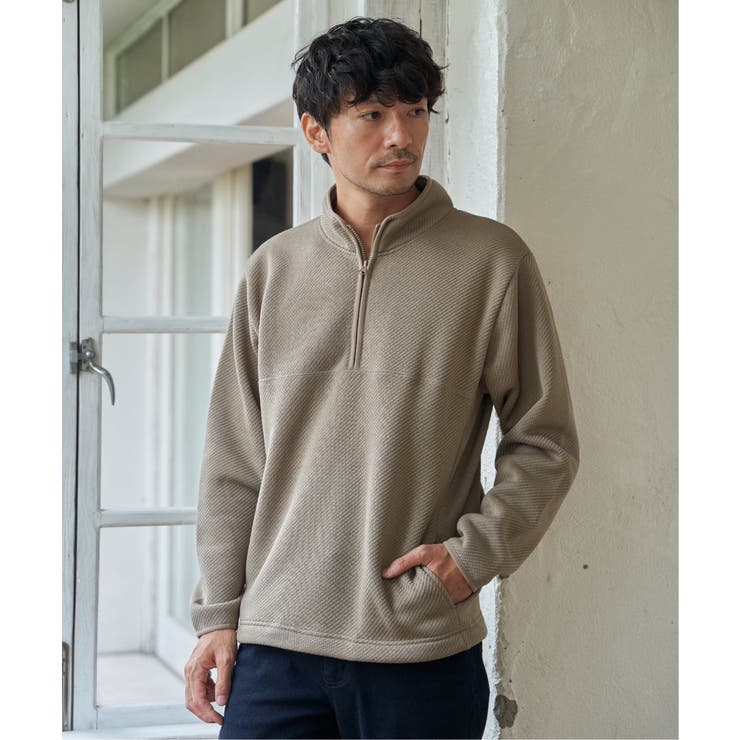 ベージュ | ツイルジャカード裏起毛ハーフジッププルオーバー | ikka 