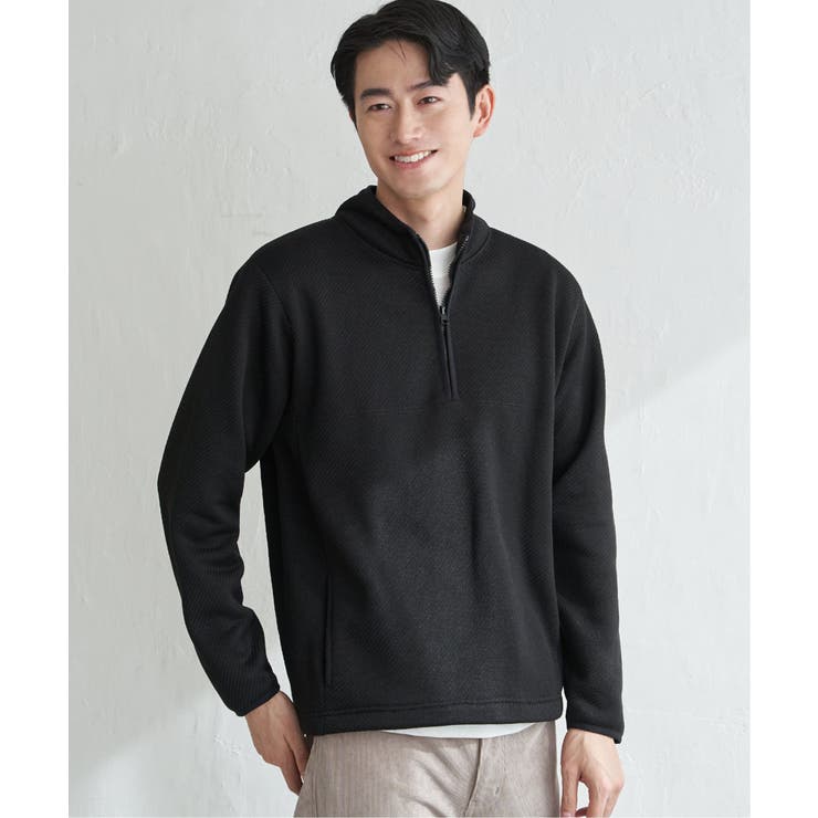ブラック | ツイルジャカード裏起毛ハーフジッププルオーバー | ikka 