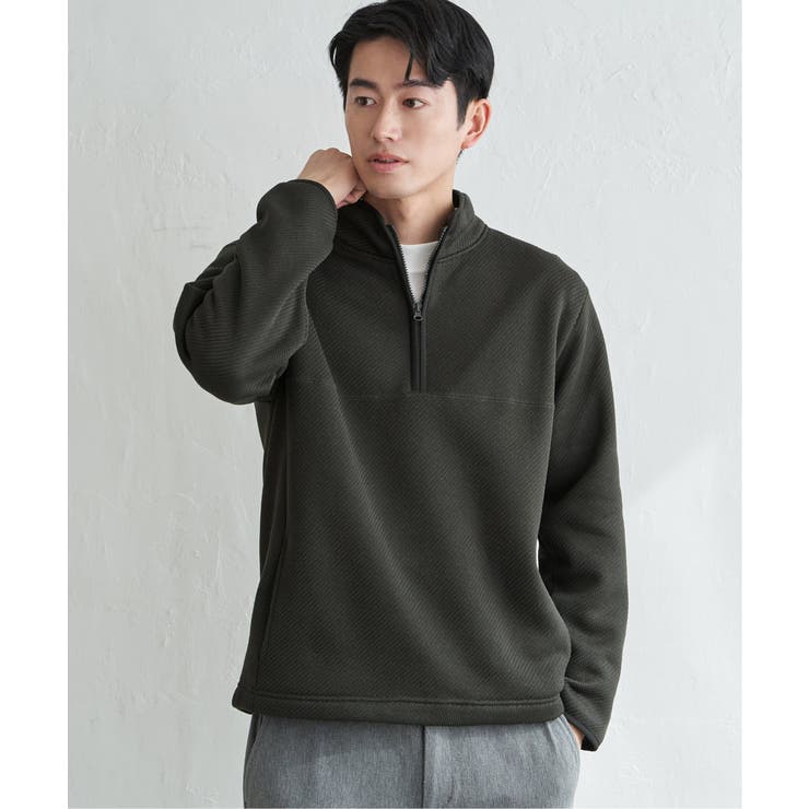カーキ | ツイルジャカード裏起毛ハーフジッププルオーバー | ikka 
