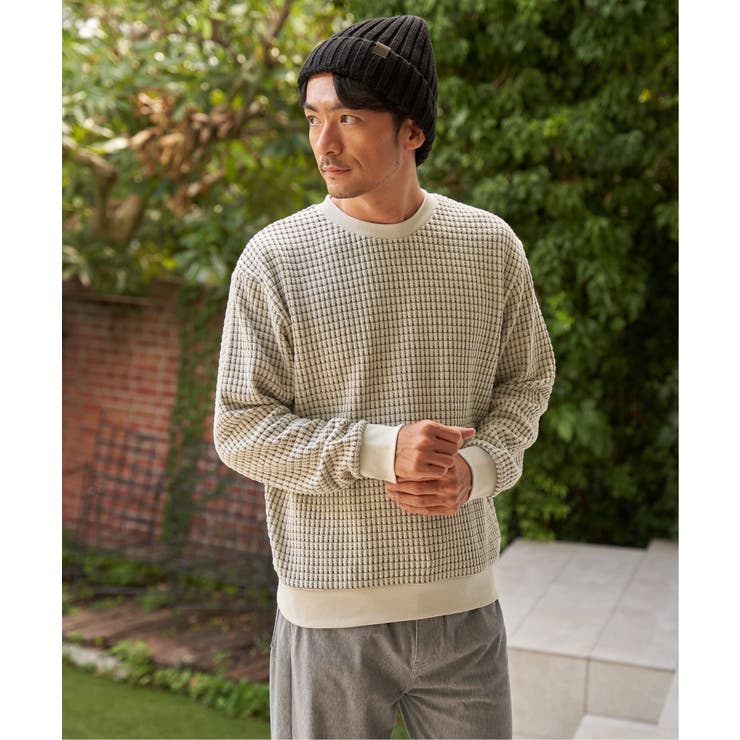 ベージュ | ビッグ縦ワッフルクルーネックプルオーバー | ikka 