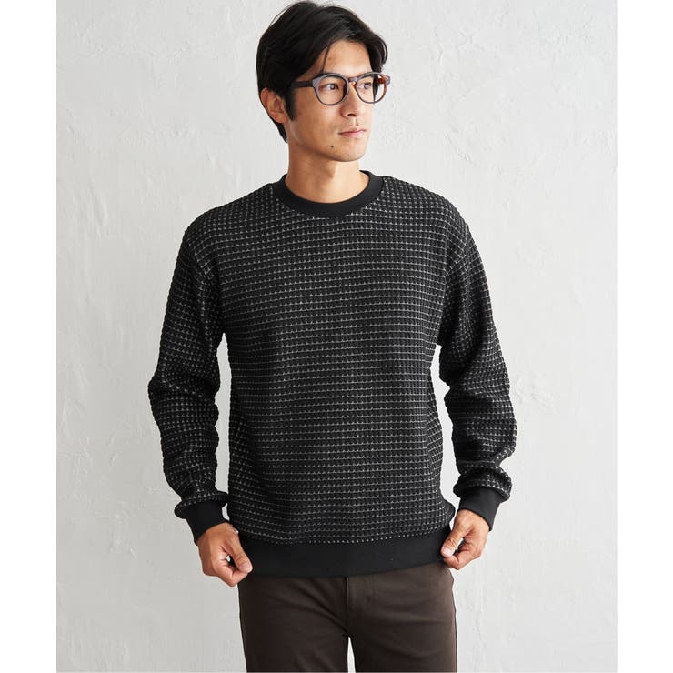 ブラック | ビッグ縦ワッフルクルーネックプルオーバー | ikka 