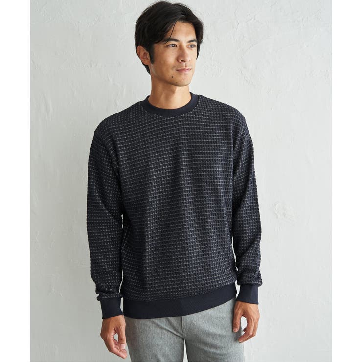 ネイビーブルー | ビッグ縦ワッフルクルーネックプルオーバー | ikka 