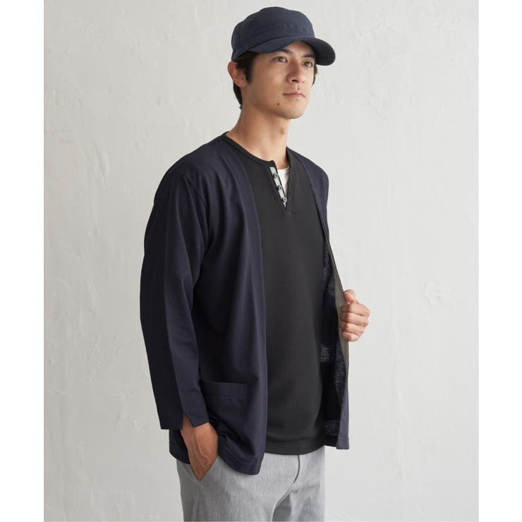 ネイビーブルー | DRYメッシュバイカラー7分袖カーディガン | ikka 